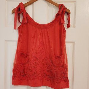 Yoana Baraschi Coral Rose Tie Shoulder Layered Lace Tank Top Size XS